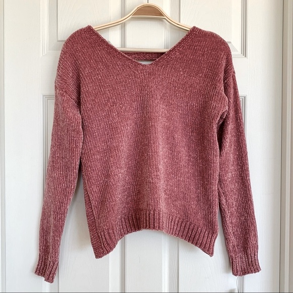 🎀 Rose Pink Chenille Open Twist-Back Knit V-Neck Sweater - Picture 2 of 4